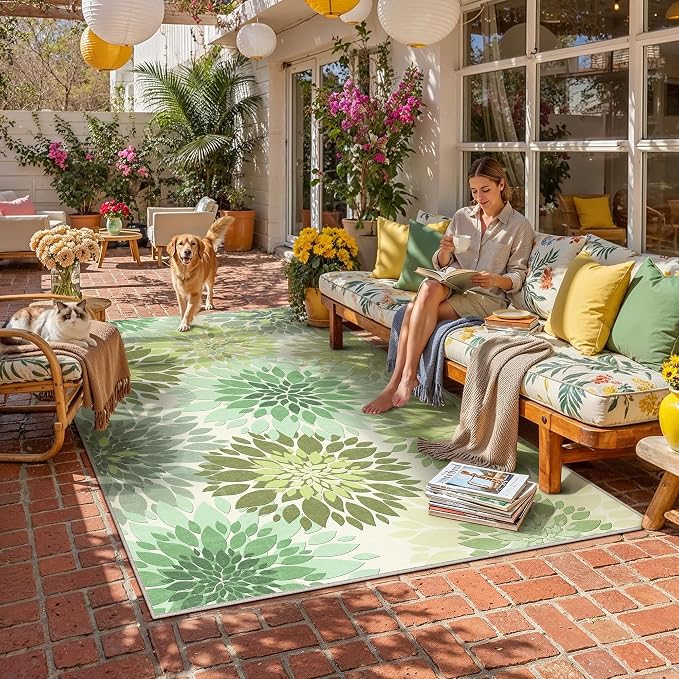 5x8 Indoor Outdoor Area Rug Washable Patio Rug Green Non Slip Non Shedding by WondRg