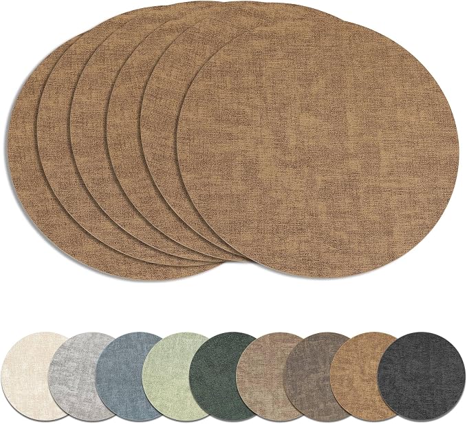 13" Round Placemats Set of 6, Reversible Faux Leather Heat Resistant Table Mats by NCUE