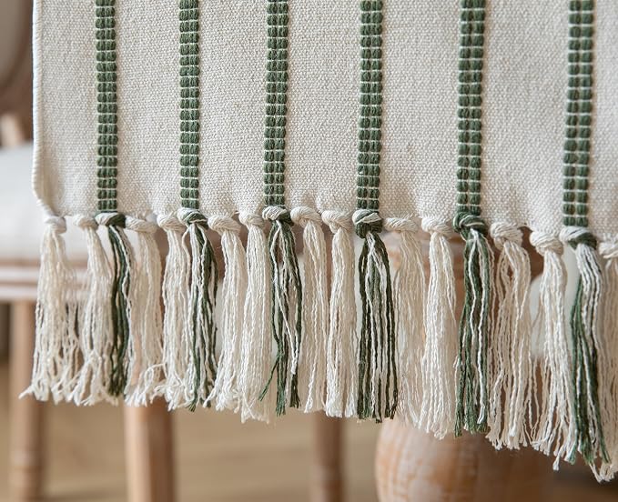 Caflife Boho Table Runner 60 Inchs Long Green and Beige, Cotton and Linen Woven - Image 5