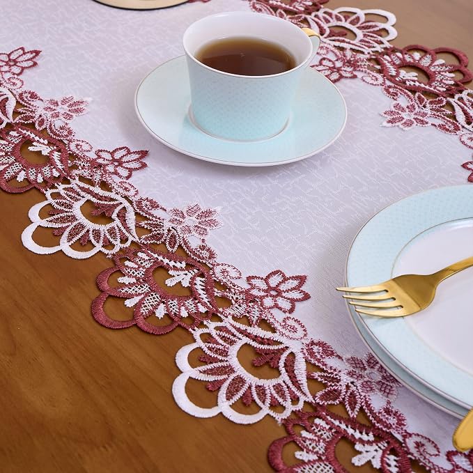 White Dark Red Jacquard Lace Table Runner 48 inches Long, Claret Dresser Scarf - Image 5