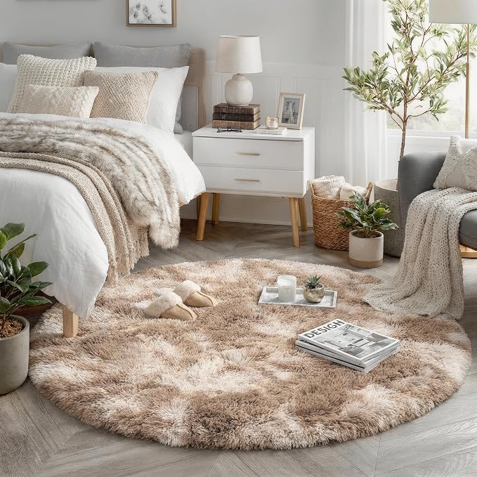 Amdrebio Tie-Dyed Beige Tan Round Circle Area Rug 5Ft by Amdrebio