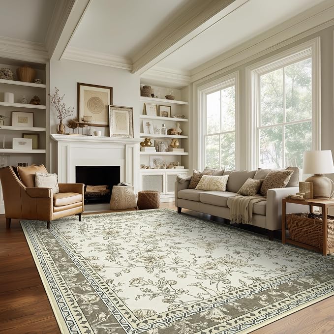 Greyish Beige Floral Rug 5x7 Machine Washable Area Rug - Image 7