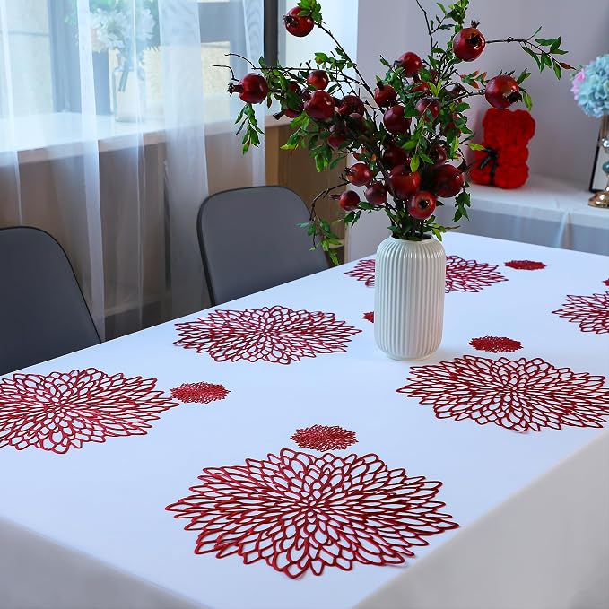 Snowkingdom Red Placemats Pressed Vinyl Metallic Shiny Floral Dinning Mats - Image 4