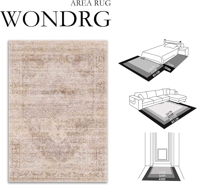 2x8 Washable Neutral Runner Rug Beige Vintage Hallway Kitchen Carpet Non-Slip - Image 2