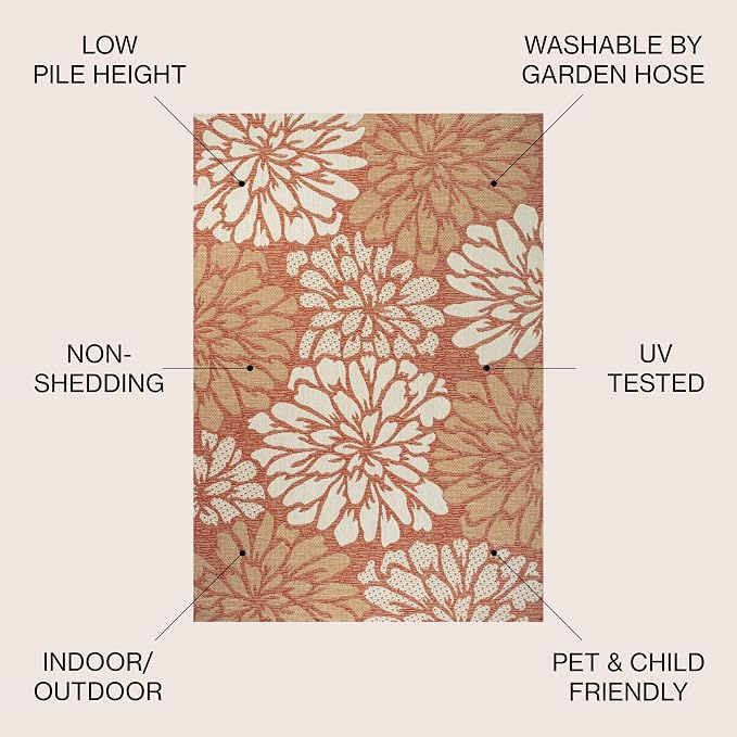 JONATHAN Y Floral Textured Weave Indoor Outdoor Round Area Rug 5 Ft Orange/Cream - Image 2