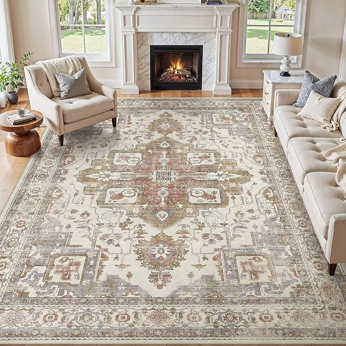 8x10 Washable Area Rugs for Living Room, Large Rug Non Slip Backing Vintage by JessibouAreaRug