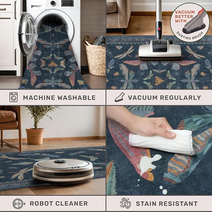 2x7 Navy Blue Bathroom Runner Rug, Washable Vintage Insect Carpet - Image 5