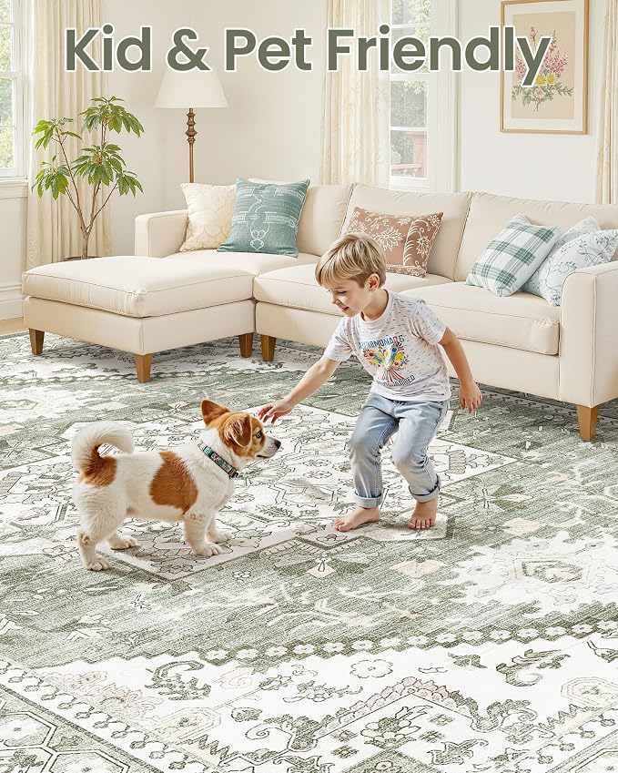 12x15 Vintage Area Rug: Washable Neutral Soft Non Slip Thin Large Floor Carpet - Image 6