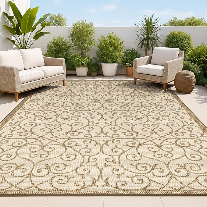 JONATHAN Y Vintage Filigree Indoor Outdoor Area Rug 6X9 Beige/Brown, Madrid by JONATHANY