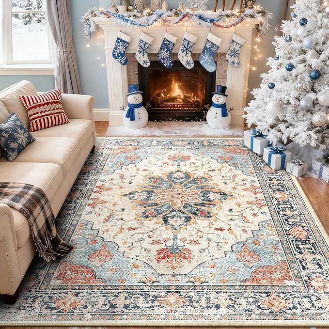 RELEANY Area Rugs 6'x8' Washable Non-Slip, Floral Vintage Distress Medallion by RELEANY