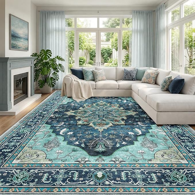 RELEANY Area Rugs Large 10'x14' Washable Non-Slip, Floral Vintage Distress by RELEANY