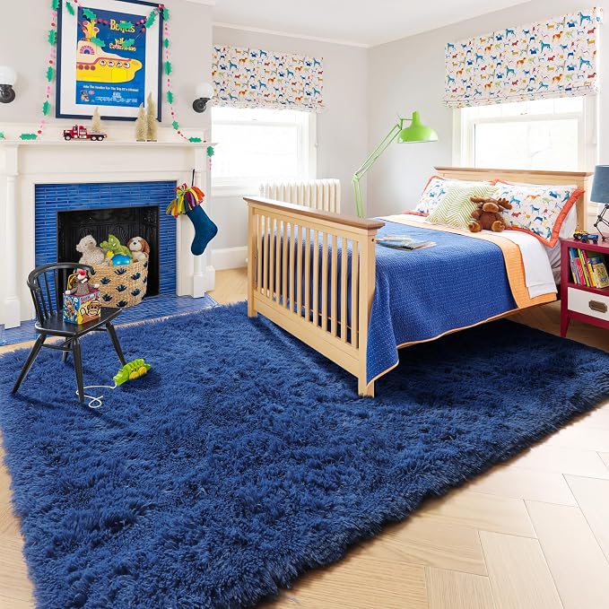 Amdrebio Navy Blue Area Rugs for Boys Bedroom, 5x7 Shag Fluffy Furry Plush Rug - Image 3