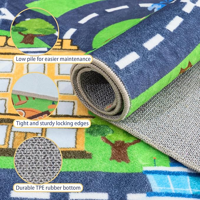 Kids Room Rug - Soft & Non-Slip 7x9 Ft Town Car Rug City Map Play Mat, - Image 5
