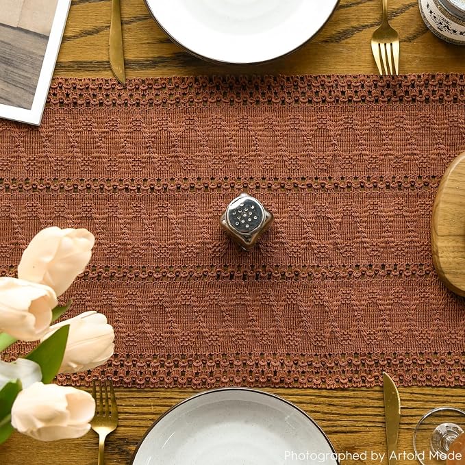 Artoid Mode Caramel Woven Farmhouse Hollow Table Runner 12x60 Inch | Holiday - Image 4