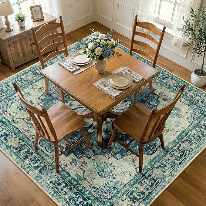RELEANY Area Rugs Square 7ft Washable Non-Slip, Floral Vintage Distress by RELEANY