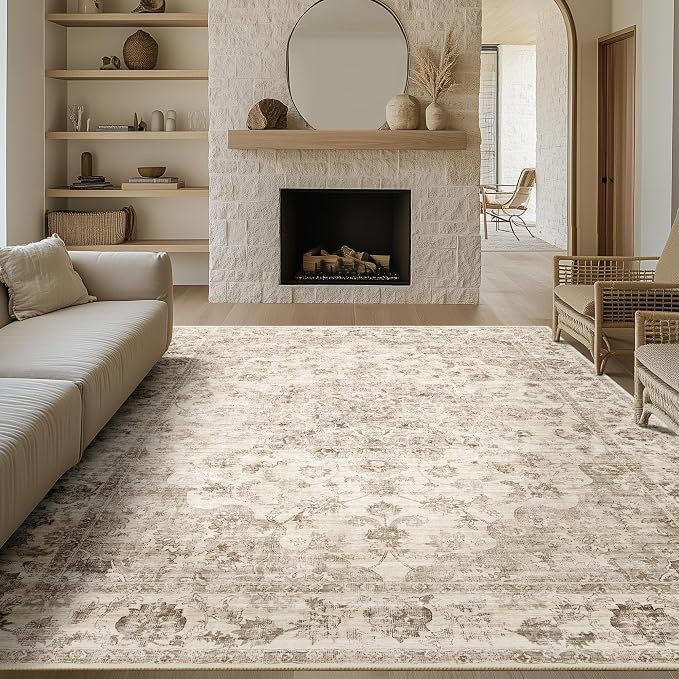 9x12 Neutral Area Rug Beige Vintage Living Room Bedroom Washable Carpet by WondRg