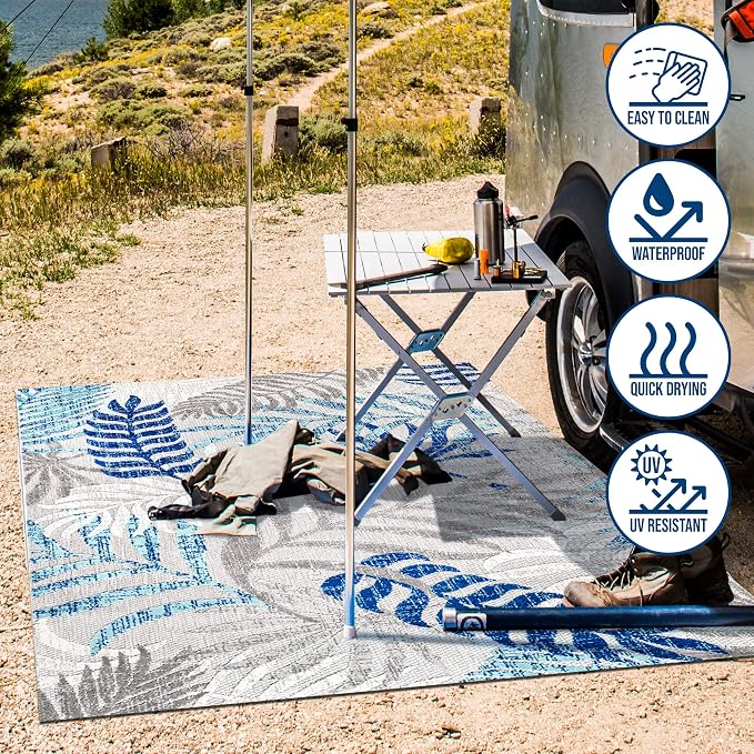 JONATHAN Y Tropics Palm Leaves Indoor Outdoor Round Area Rug 5 Ft Gray/Blue - Image 3