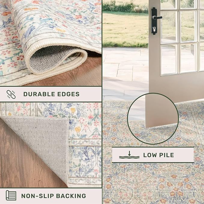 Vintage Washable Beige Blue 10x12 Rug - Image 5