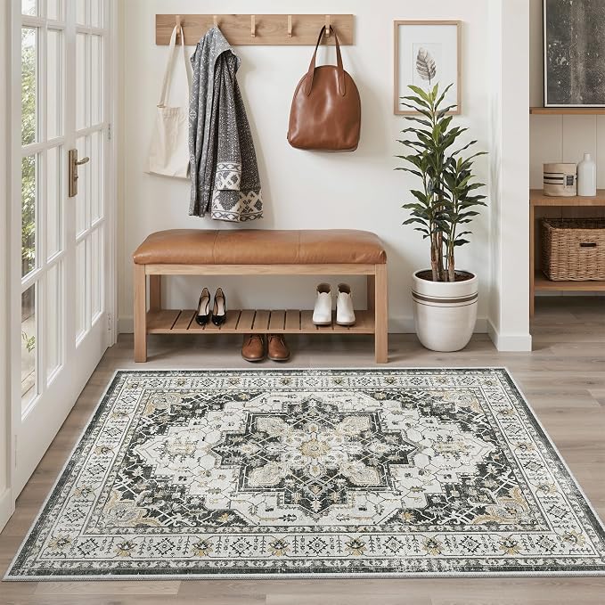 Madane Area Rug 4x6 Washable Rugs: Vintage Living Room Rug Soft Low Pile Non - Image 3