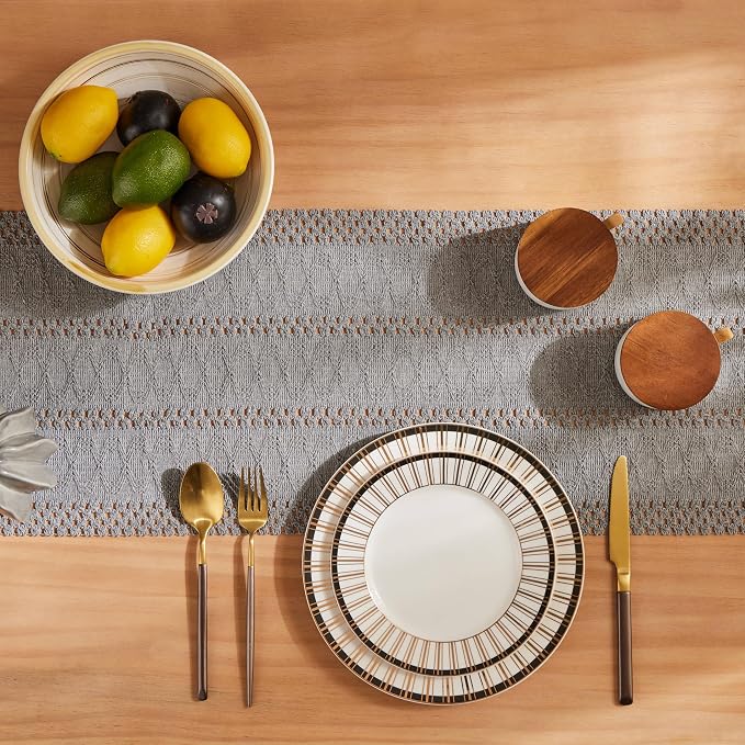 Macrame Style Boho Table Runner, 12x72 Inch Grey | Woven Boho Table Runner - Image 4
