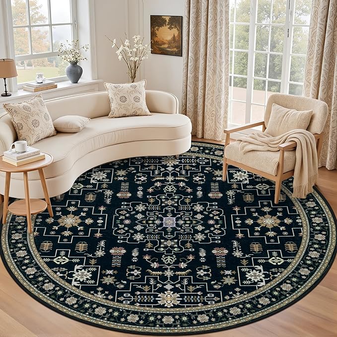 Round Area Rug for Living Room: 4 ft Washable Vintage Boho Soft Thin Circle Rug by EXPEDIX