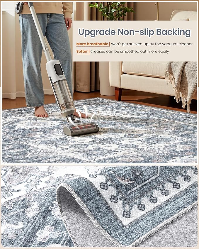 8x10 Vintage Area Rug: Washable Neutral Soft Non Slip Thin Large Floor Carpet - Image 5