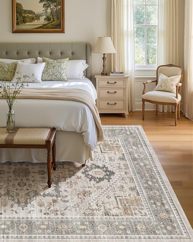 5x8 Vintage Area Rug: Washable Neutral Soft Non Slip Thin Large Floor Carpet - Image 3