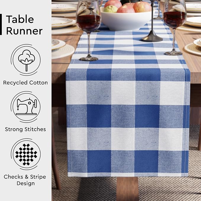 Encasa XO Table Runner, Woven Cotton Dining Runner 13"x104" Buffalo Blue Checks - Image 3