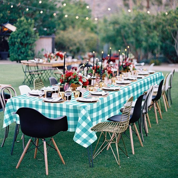 Plaid Tablecloth 2 Pack, 54 x 80 inch, Turquoise and White | Waterproof - Image 6