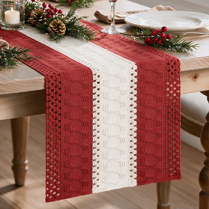 Artoid Mode Rose Red Farmhouse Woven Table Runner 12x72 Inch | Holiday Rustic by ArtoidMode