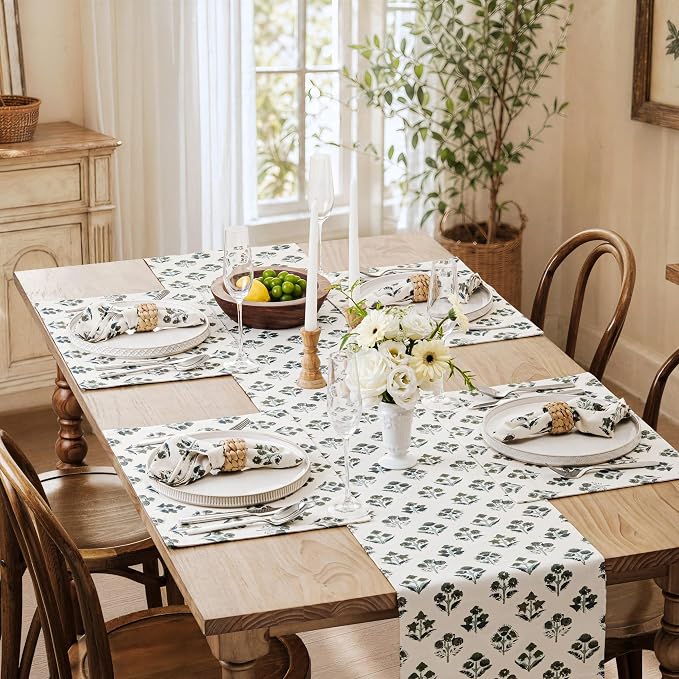 Block Print Floral Decorative Table Runners, 13x72 Inch Olive | 100% Organic - Image 7