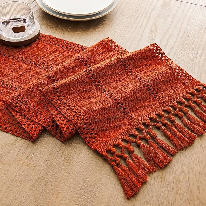Macrame Style Boho Table Runner, 12x108 Inch Dark Orange | Woven Boho Table - Image 7