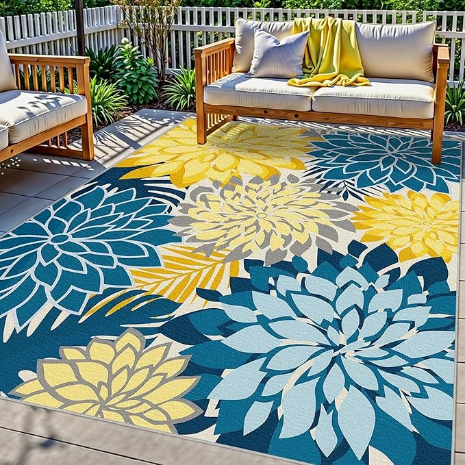Colorful 6x9 Outdoor Area Rug Washable Multicolored Patio Rug Tropical by ArenaRug