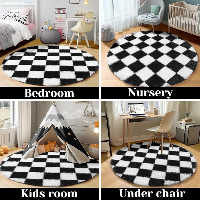 KICMOR Round Rugs 6ft for Bedroom Living Room, Large Plush Checkered Circular - Image 5