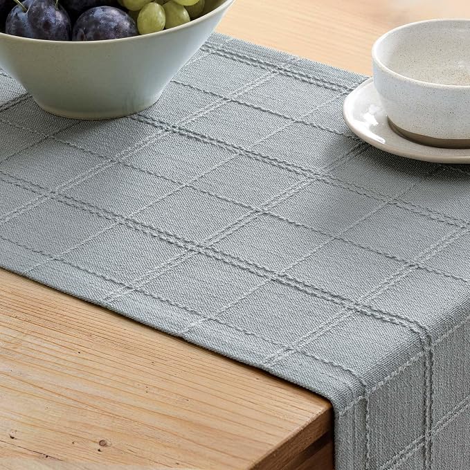 Linen Checked Farmhouse Table Runner, 13x36 Inches Chambray | Raised Grid Design - Image 5