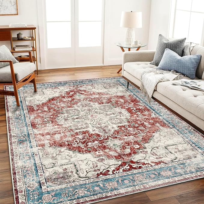 CHAMPLANT 3'x5' Vintage Red Blue Washable Thin Area Rug Traditional Floor Cover - Image 2
