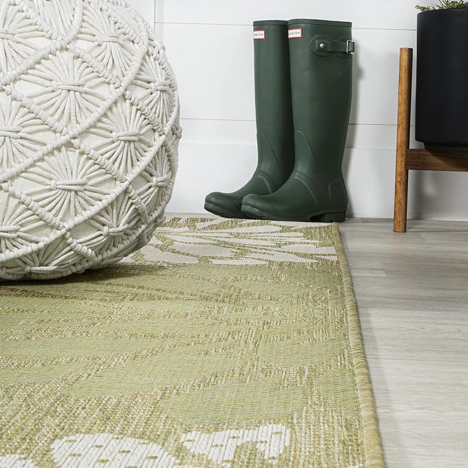 JONATHAN Y Floral Textured Weave Indoor Outdoor Runner Rug 2X10 Green/Cream - Image 4
