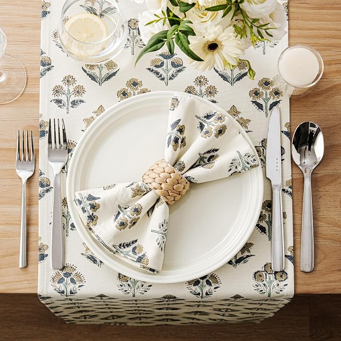 Block Print Floral Decorative Table Runners, 13x48 Inch Latte | 100% Organic - Image 3
