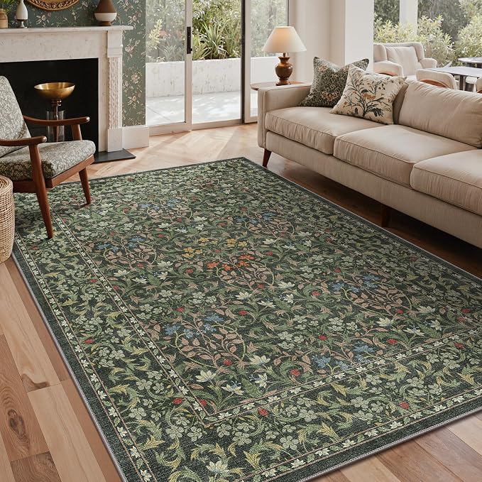 GENIMO 5x7 Washable Area Rug, Emerald Green Non Slip Vintage Boho Floral Carpet by GENIMO