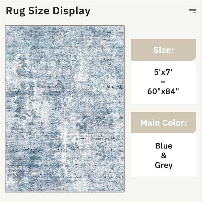 Soalmost Abstract Rug 5x7 Machine Washable Area Indoor Blue Low Pile Non-Slip - Image 5