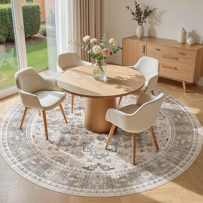 5ft Round Area Rug: Washable Vintage Neutral Soft Non Slip Thin Large Floor - Image 3