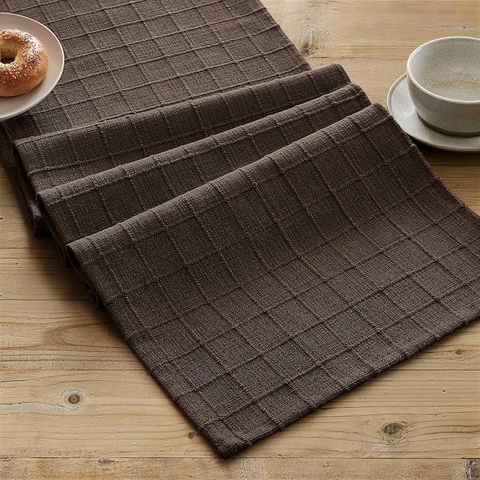 Artisanal Grid Linen Table Runner, 13x90 Inches Chocolate | Heavy Textured - Image 2