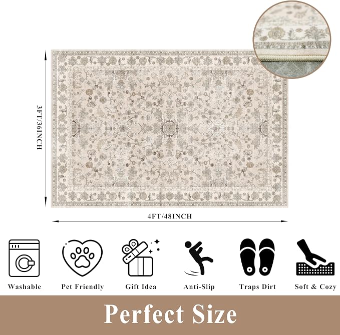 3x4 Entryway Rug Washable Non-Slip–Boho Floral Stain-Resistant Small Area Rug - Image 2