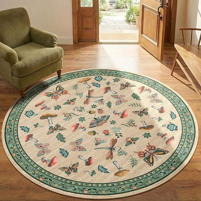 Mushroom Insect 3ft Round Rug Washable Non-Slip Soft Ultra-Thin Small Boho - Image 3