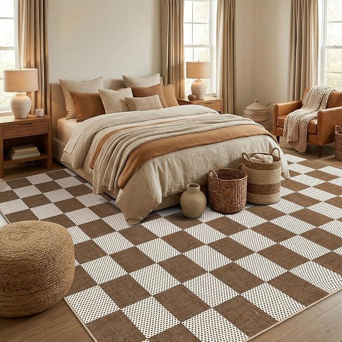 GarveeHome Checkered Terracotta Brown 6x9 Area Rugs Geometric Diamond Dot - Image 2
