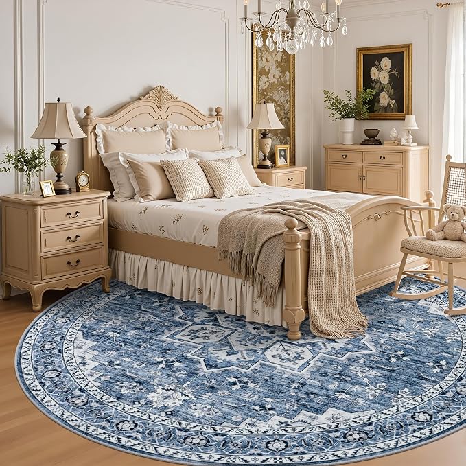 Round Area Rug for Living Room: 8 ft Washable Vintage Boho Soft Thin Circle Rug - Image 4