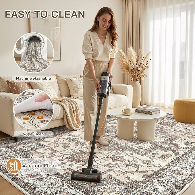 7x9 Area Rugs Living Room: Washable Vintage Rug Large Non-Slip Stain Resistant - Image 3