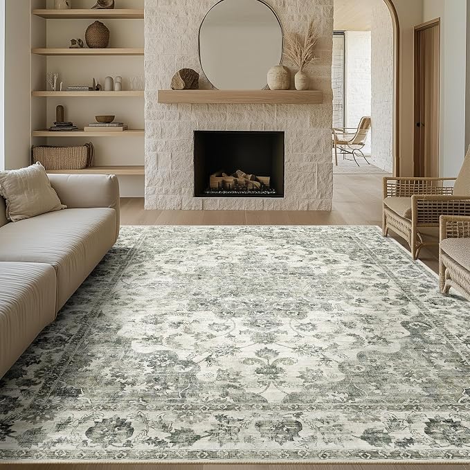 8x10 Washable Neutral Area Rug Green Vintage Living Room Bedroom Carpet - Image 3