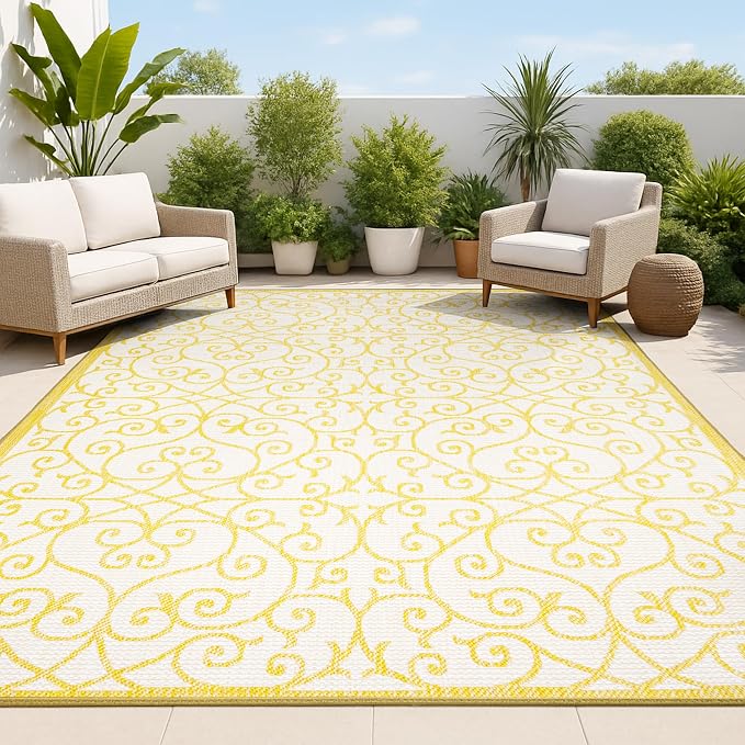 JONATHAN Y Vintage Filigree Indoor Outdoor Area Rug 4X6 Cream/Yellow, Madrid by JONATHANY