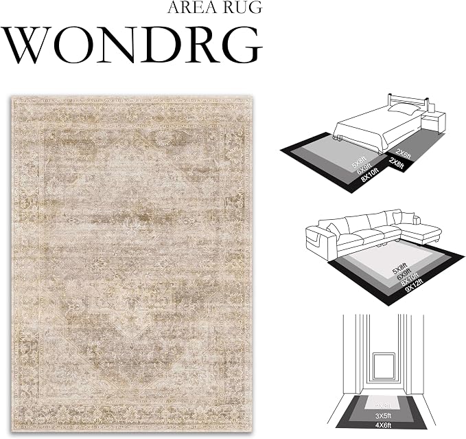 2x5 Washable Neutral Runner Rug Beige Vintage Hallway Kitchen Carpet Non-Slip - Image 2